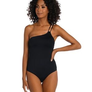 LA BLANCA Island Goddess Lace Back One Shoulder One Piece - Black Sz 8